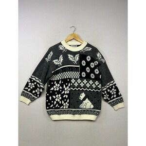 Vintage Cottagecore Private Eyes Women Large Grey Patchwork Dog Knit Sweater